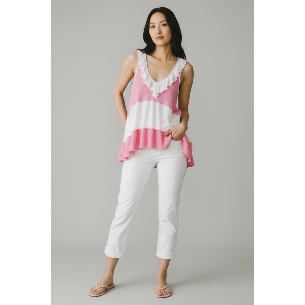 POL Pink Ruffle V Neck Tunic Tank | Sleeveless Color Block Flowy Boho Top - Picture 2 of 6